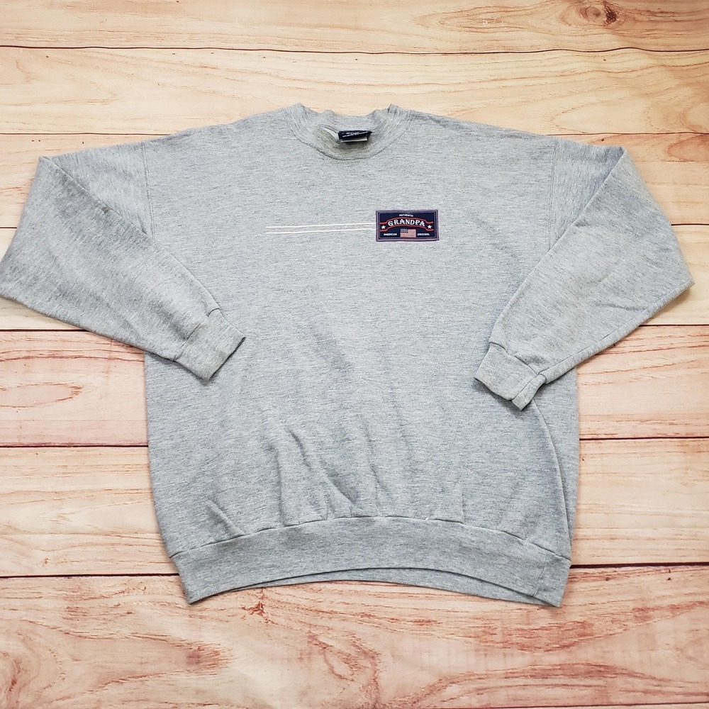 Grandpa Sweatshirt Mens Large Gray Crewneck‎ Pullover American Flag Patch USA